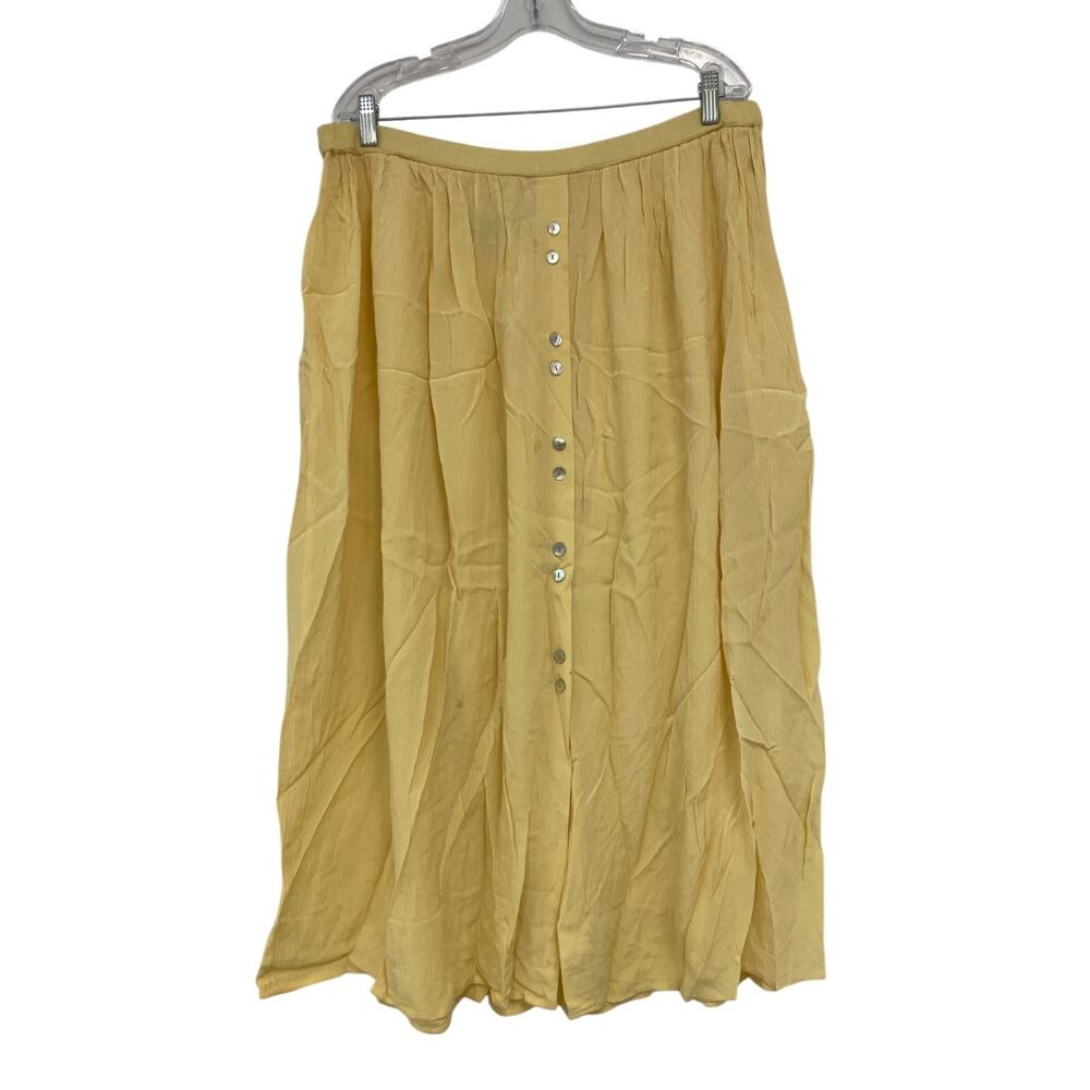 Susan Bristol Midi Skirt Womens Medium Yellow Front Button Elastic Waist Rayon